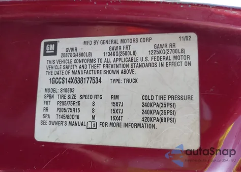 2003 Chevrolet S-10 Ls from USA, damaged, VIN 1GCCS14X638177534